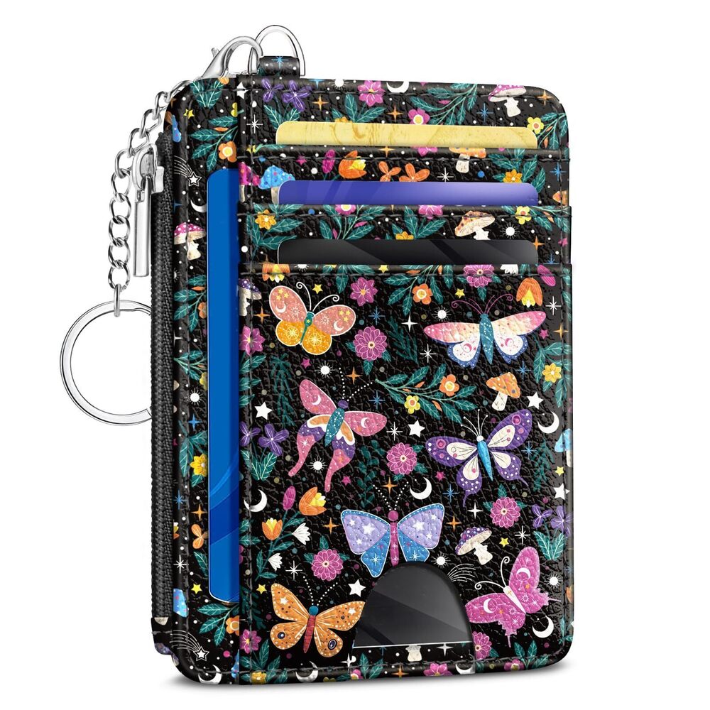 1395 Butterfly Flowers Credit Card Holder Small Wallet , Slim RFID Blocking